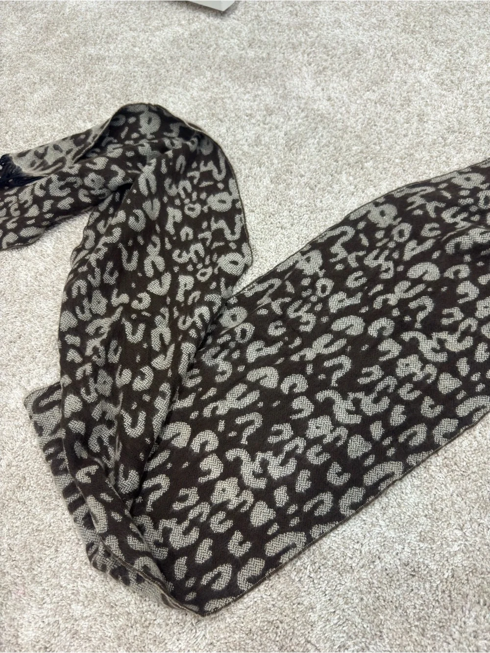 Leopard Print Fringe Scarf - Gray & Brown with Black fringe
